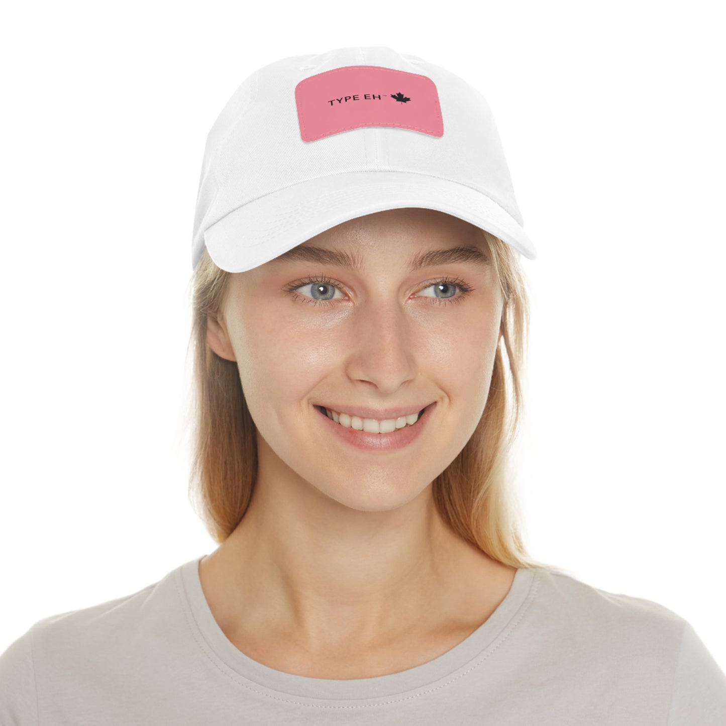 White Pink Eh Dad Hat with Leather Patch (Rectangle) Type Eh Shop