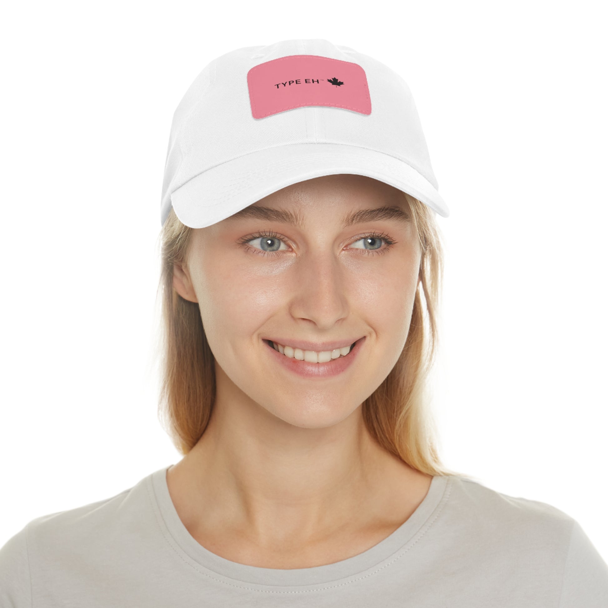 White Pink Eh Dad Hat with Leather Patch (Rectangle) Type Eh Shop