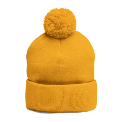 Embroidered Pom-Pom Knit Cap — Cozy Winter Beanie with Subtle Leaf Logo