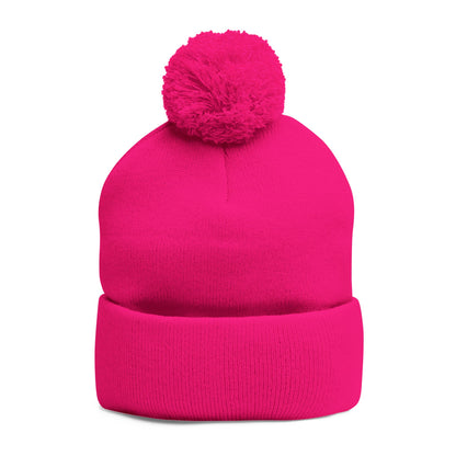 Embroidered Pom-Pom Knit Cap — Cozy Winter Beanie with Subtle Leaf Logo